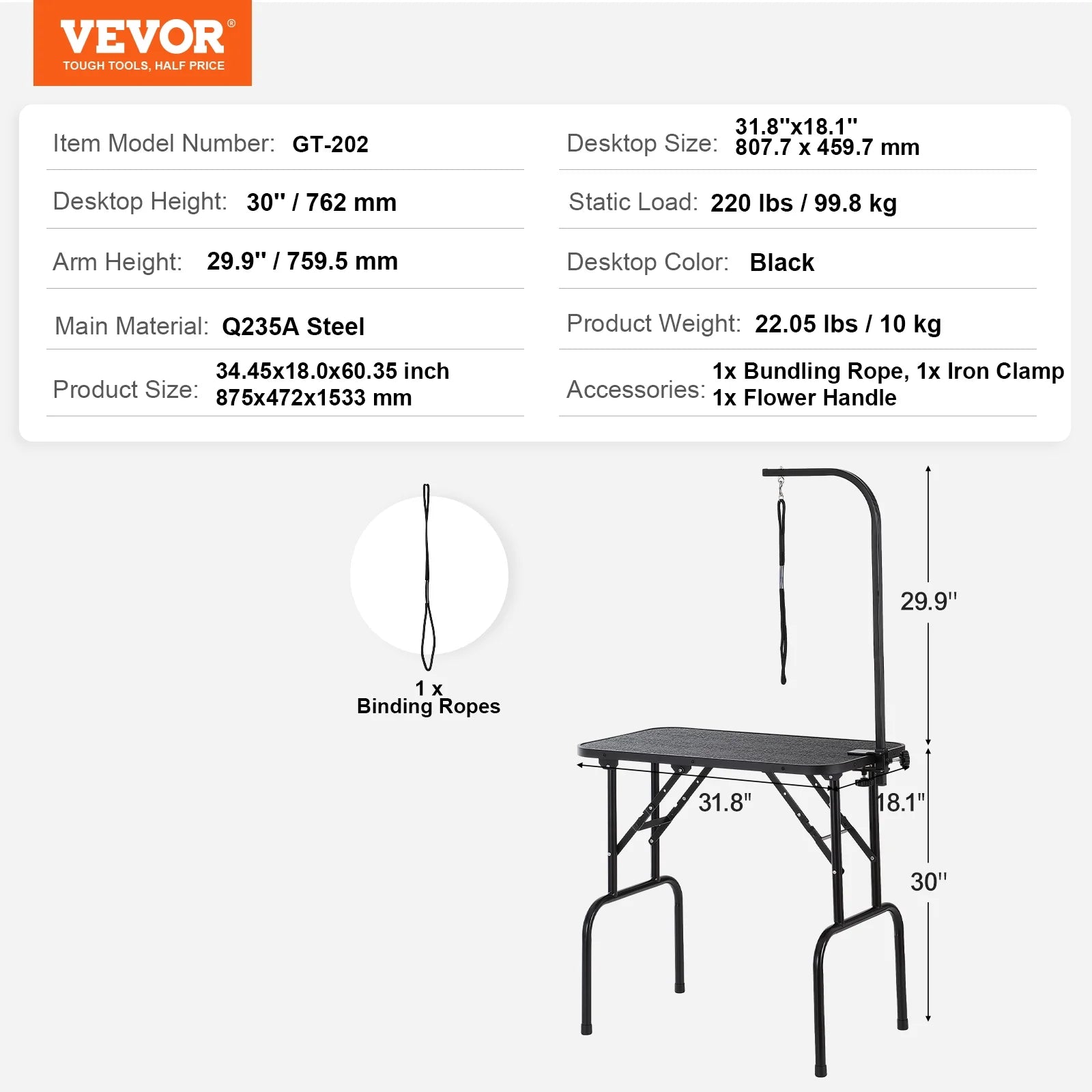 Pet Dog Cat Grooming Table Arm with Clamp 32'' Foldable Adjustable Height