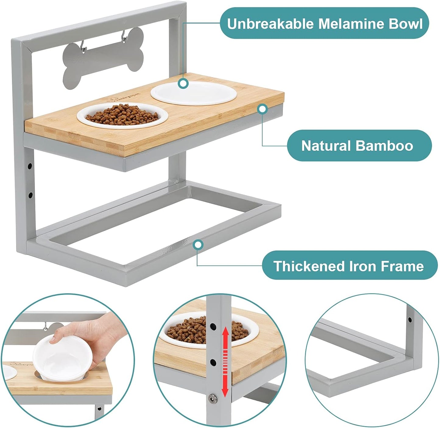 Elevated Dog Feeder, 3 Adjustable Heights, Break-Resistant Melamine Bowls, Suitable for Cats and Small Dogs, 4"H, BPA Free