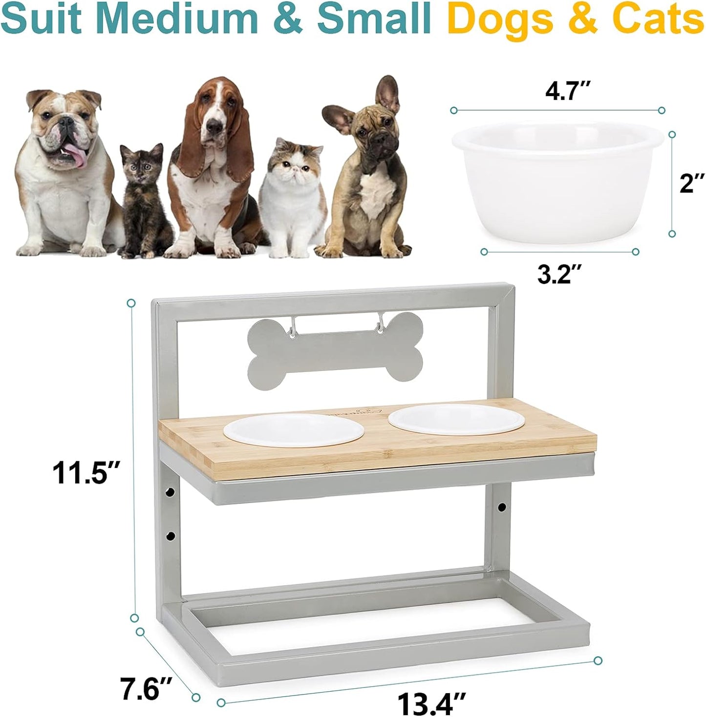 Elevated Dog Feeder, 3 Adjustable Heights, Break-Resistant Melamine Bowls, Suitable for Cats and Small Dogs, 4"H, BPA Free