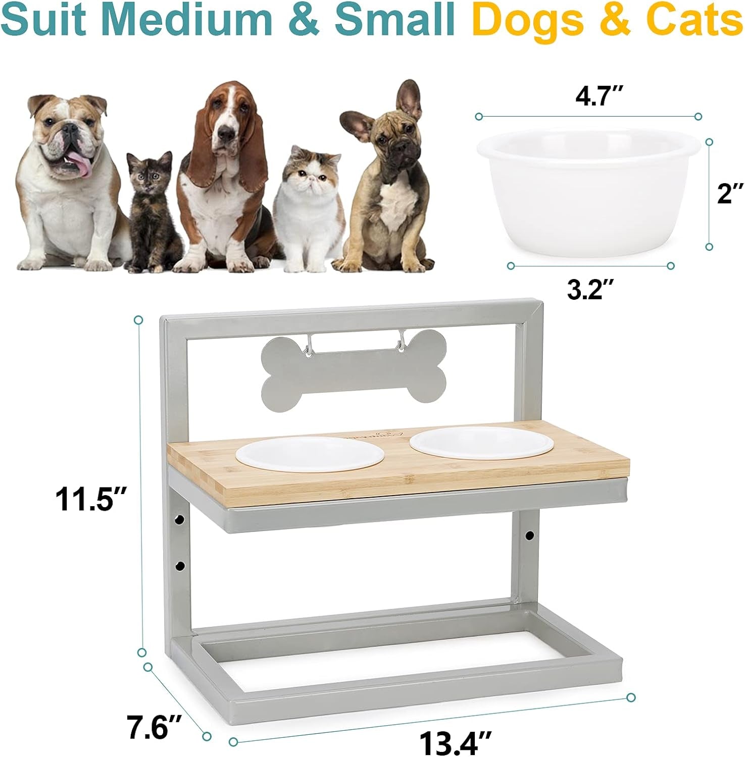 Elevated Dog Feeder, 3 Adjustable Heights, Break-Resistant Melamine Bowls, Suitable for Cats and Small Dogs, 4"H, BPA Free