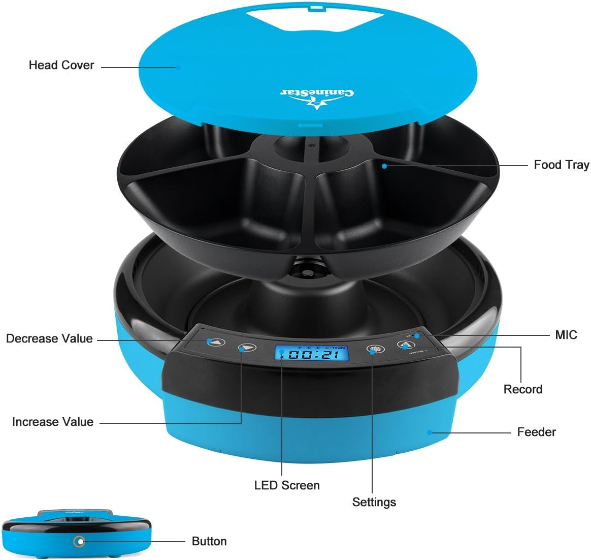 Automatic Pet Feeder for Cats Dogs, 5 Meal Food Dispenser Trays Cat Feeder Dry Wet Food Auto Feeder by Caninestar (Blue)